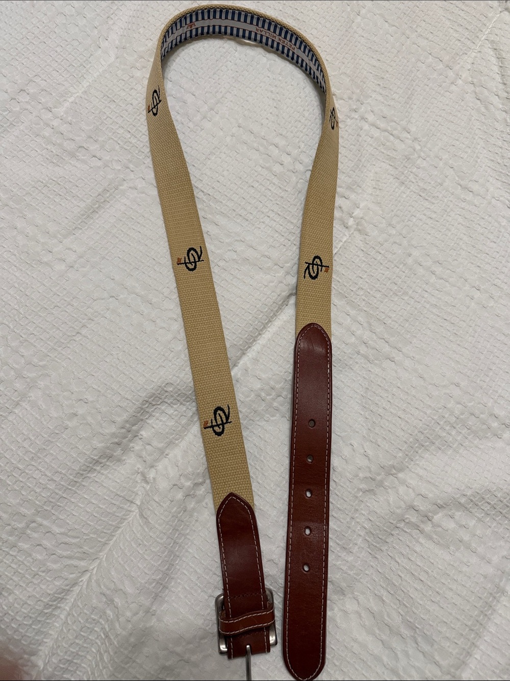 Peter Millar Beige Canvas Strap w/ Brown Leather & Black Champions Retreat Logo